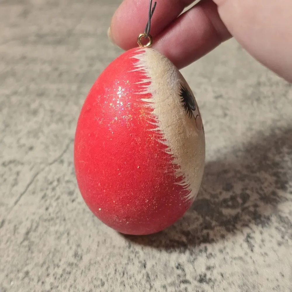 Vintage Wood Wooden Hand Painted Santa Egg Mark Bald Santa Ornament Signed